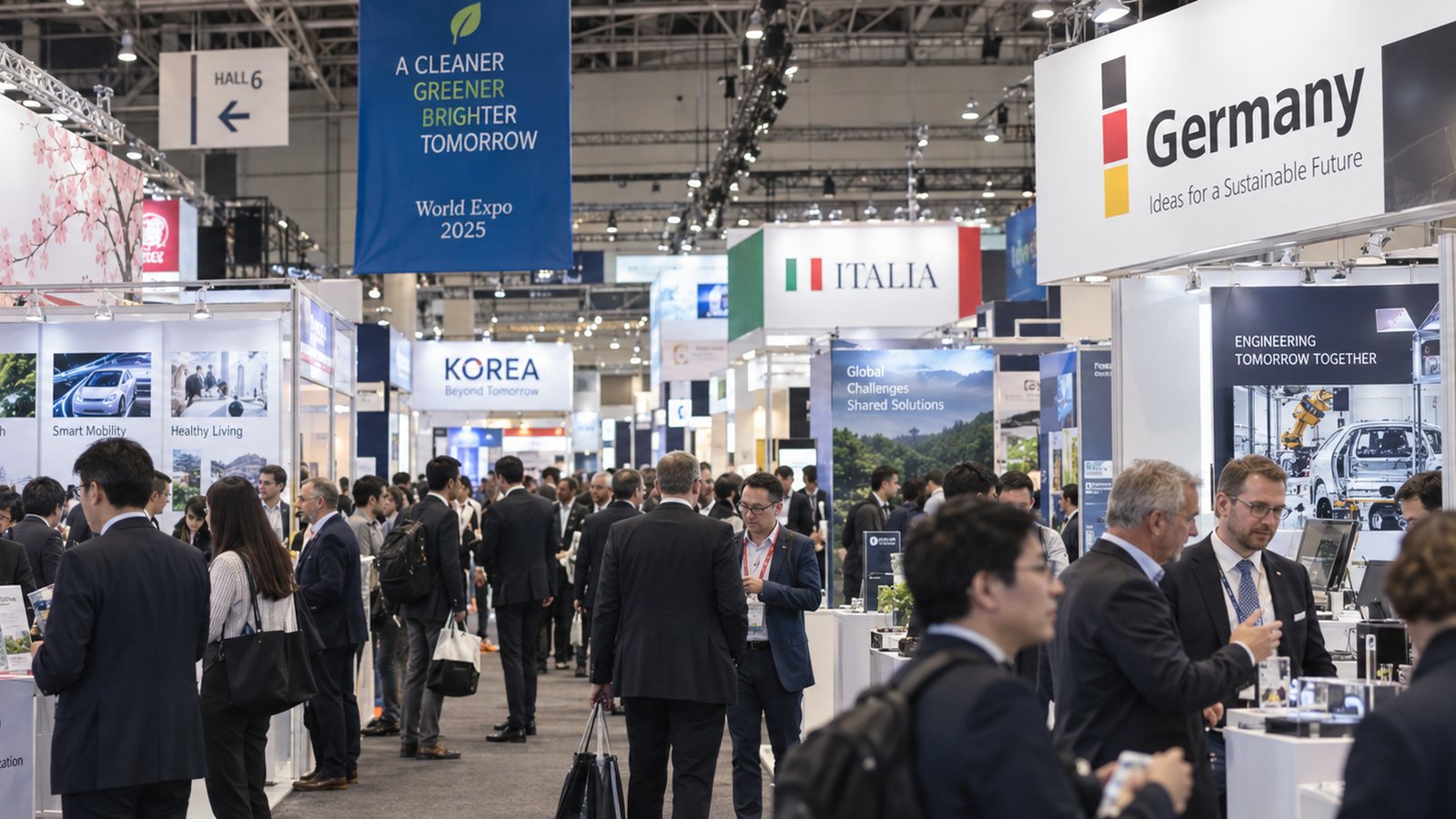 The floor of a large international business exhibition: national pavilions, hundreds of stands and crowded aisles